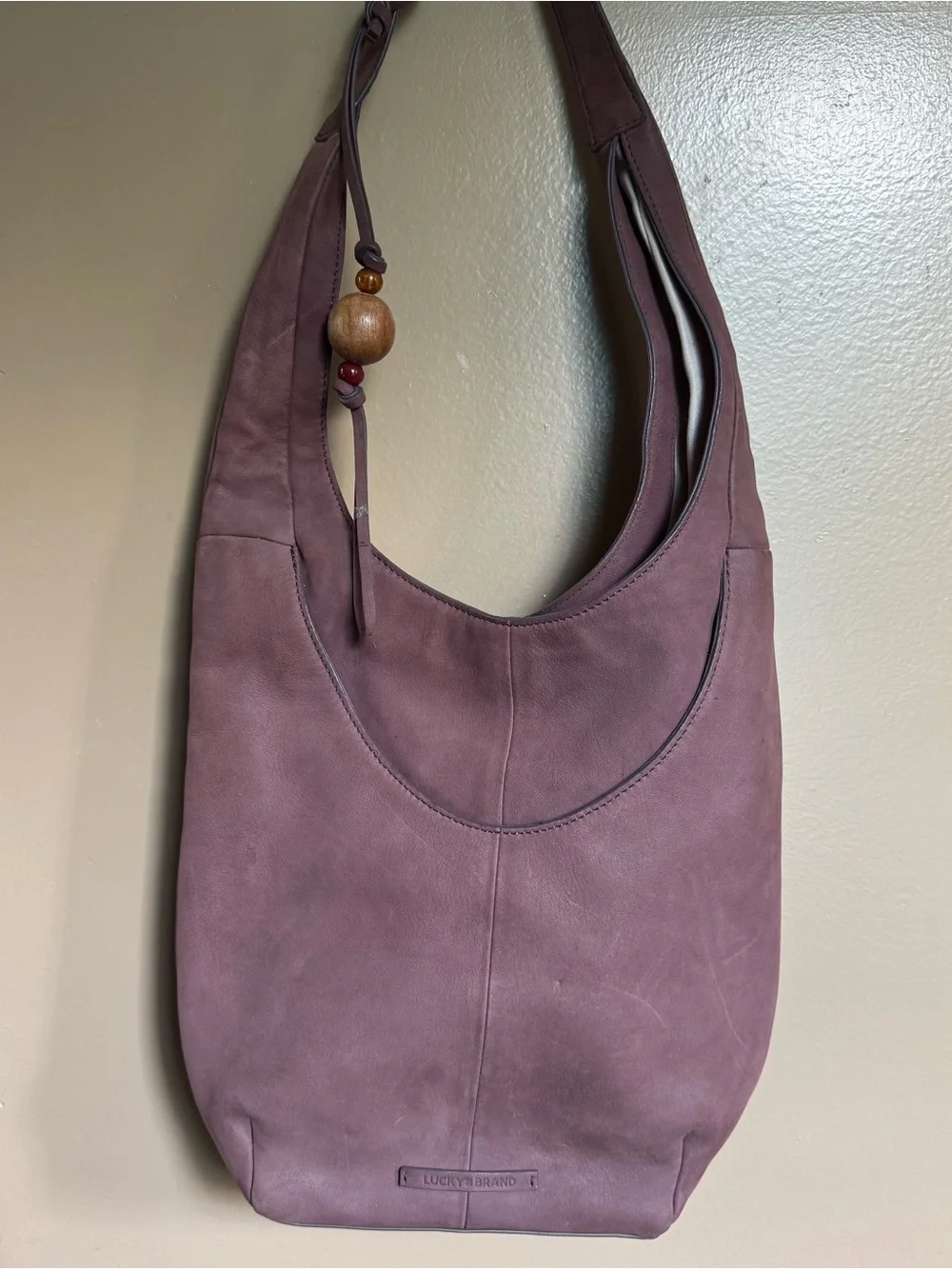 Lucky Brand Mauve Suede Vintage Hobo Bag Beaded Charm Boho Festival
